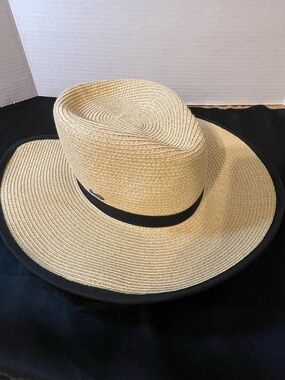 Karen Keith Wide-Brim Straw Sun Hat with Black Trim